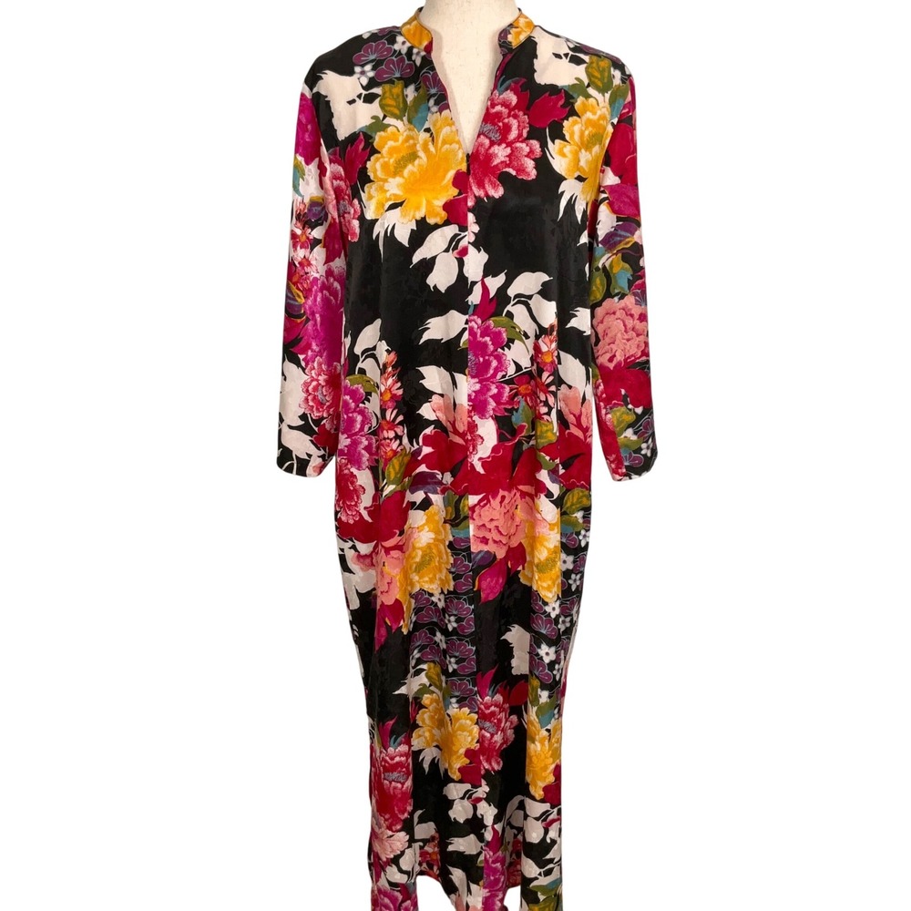 Natori Robe Women Small Pink Floral‎ Vibrant Elegant Statement Maxi Zip Silky
